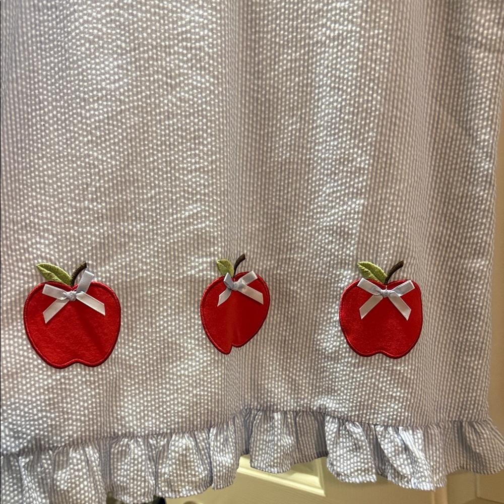 Stitchy Fish Blue Sleeveless Kids Dress with Red Apples - Picture 3 of 12